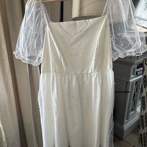 White Puff Sleeve Pearl Tulle Dress Babydoll Bridal Shower Engagement 18/20W